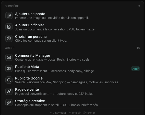 Capture de ScaleLab : la liste des compétences, dont Publicité Meta, Publicité Google, Page de vente et Stratégie créative